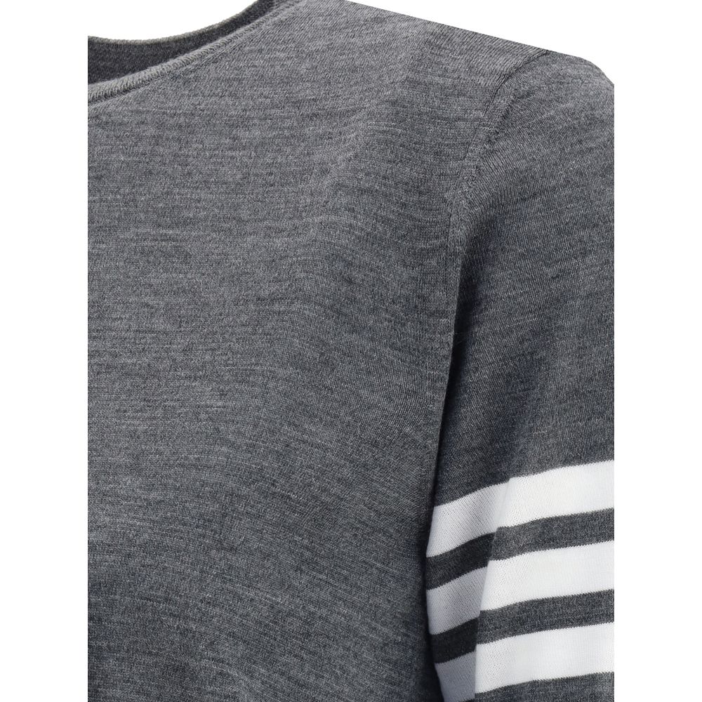 Thom Browne Gray Fleece Wool T-Shirt with iconic bands on sleeve, showcasing ribbed crew neck and modern style.