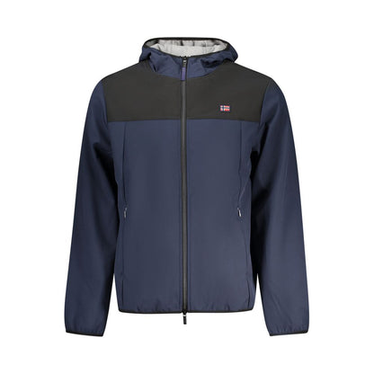 Norway 1963 Blue Polyester Men Jacket with hood and contrasting details, showcasing style and functionality, front view.