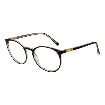 Guess Brown Plastic Glasses (Frames) with full-rim round style and demo lenses, unisex design in brown, featuring spring hinges, brand case included.