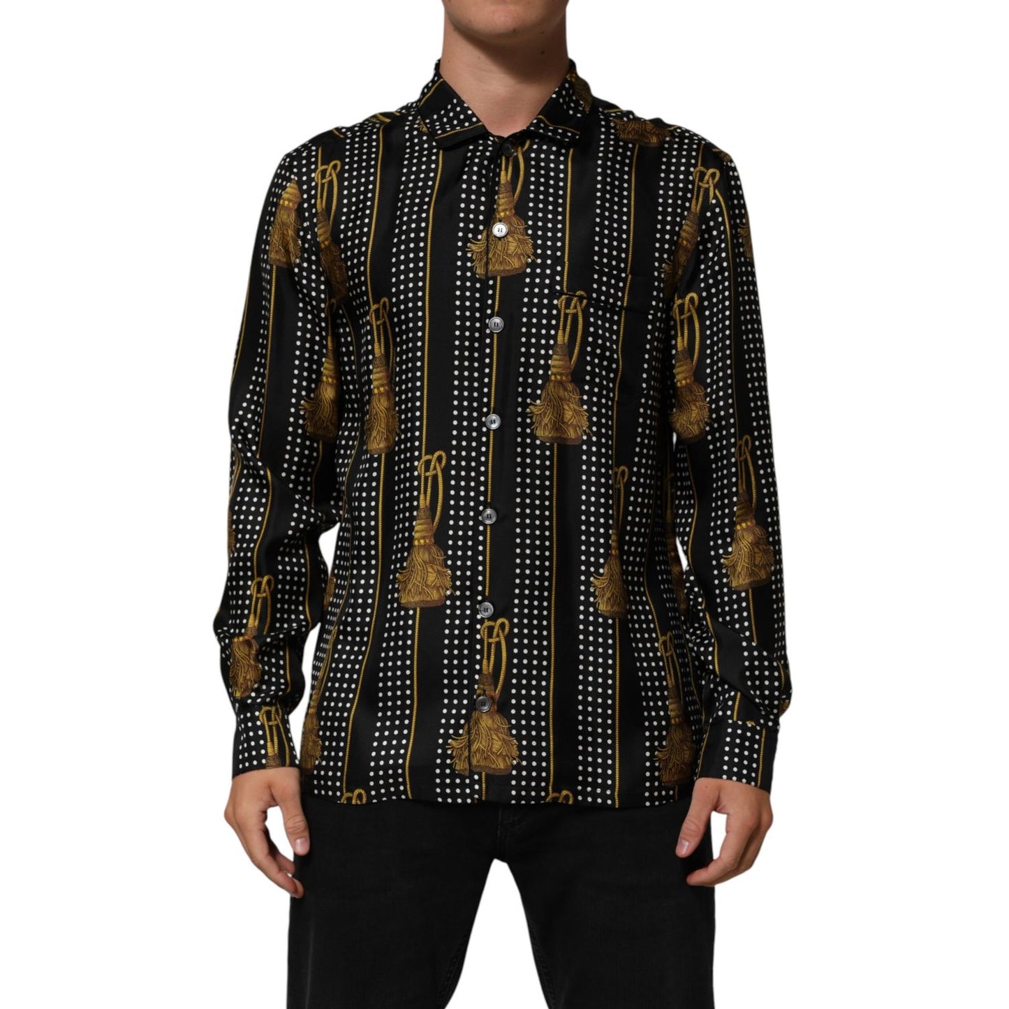 Dolce & Gabbana Black Dotted Tassel Silk Button Down Shirt