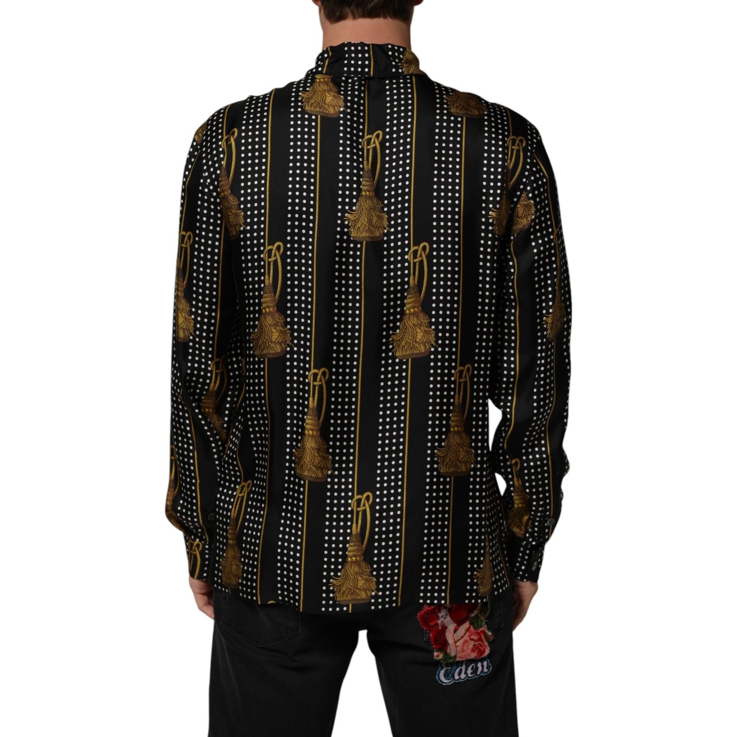 Dolce & Gabbana Black Dotted Tassel Silk Button Down Shirt