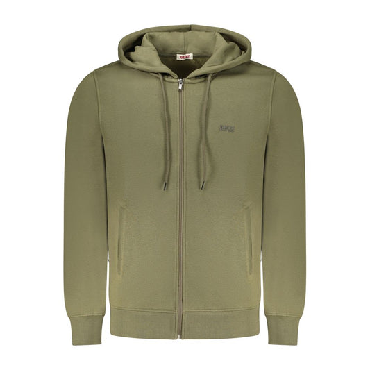 Rifle Green Cotton Men Sweater with hood, zip closure, and embossed logo, featuring practical pockets for casual elegance.