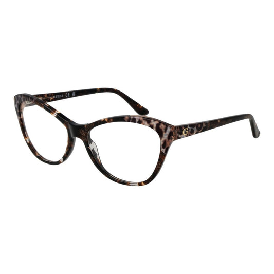 Guess Brown Acetate Glasses (Frames) with cat eye design, full-rim, 56-16-140 size, for women, featuring branded case and demo lenses.