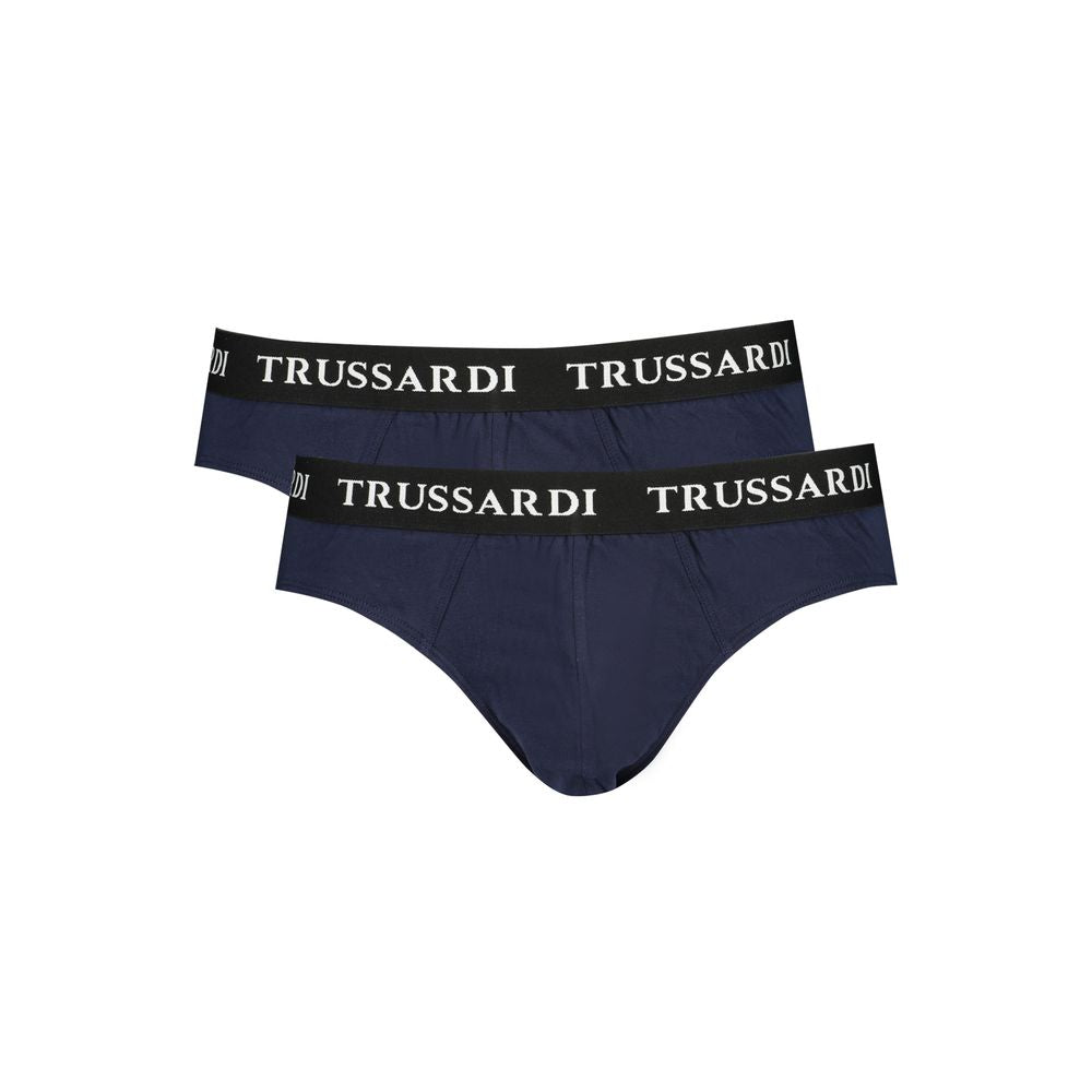 Trussardi Blue Cotton Underwear, bi-pack slips with branded elastic waistband, featuring logo print.