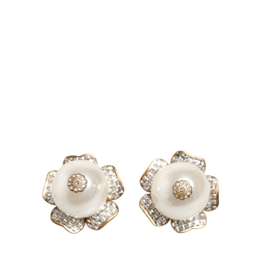 Dolce & Gabbana Gold Tone Maxi Faux Pearl Floral Clip-on Jewelry Earrings