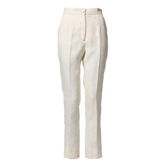 Dolce & Gabbana White Cotton Floral Brocade Dress Pants
