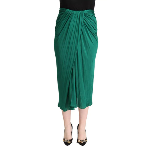 Dolce & Gabbana Dark Green High Waist Midi Skirt Pencil Cut Pleated