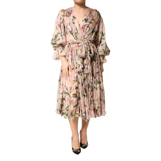 Dolce & Gabbana Pink Lily Print A-line Pleated Maxi Dress