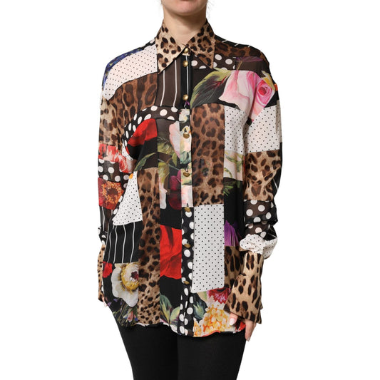 Dolce & Gabbana Multicolor Patchwork Silk CollaredBlouse Top