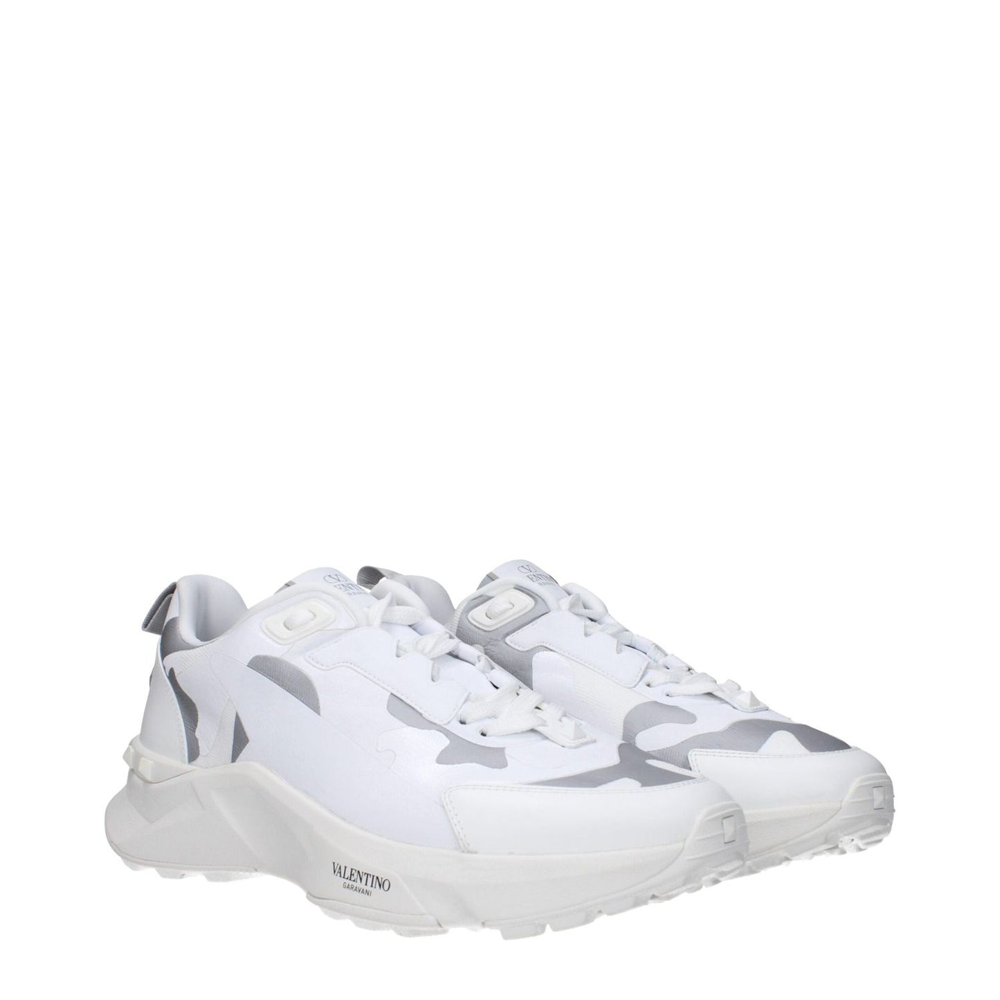 Valentino Garavani White Fabric Athletic Sneakers with logos on front, side, back, sporty glam style, lace up closure, and light grey details.
