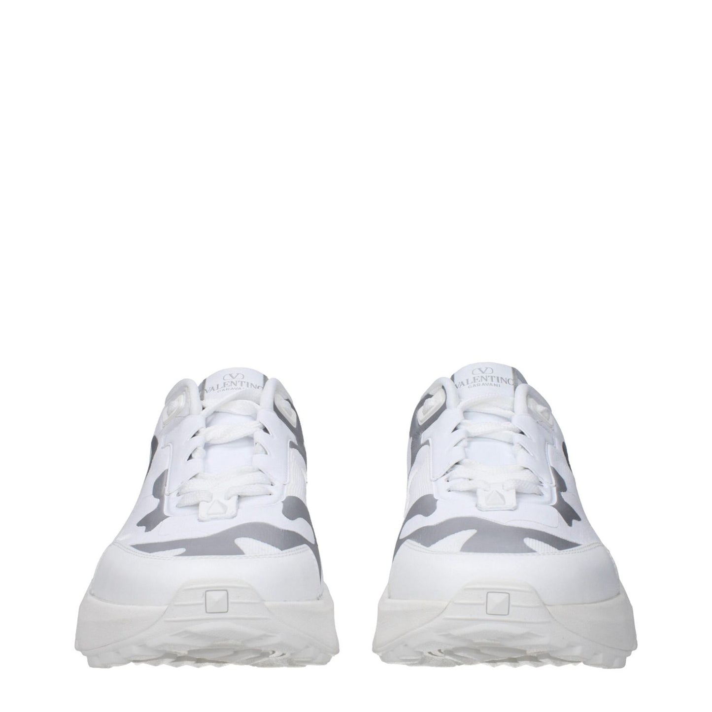 Front view of Valentino Garavani White Fabric Athletic Sneakers with grey accents, featuring logos and a rubber sole.