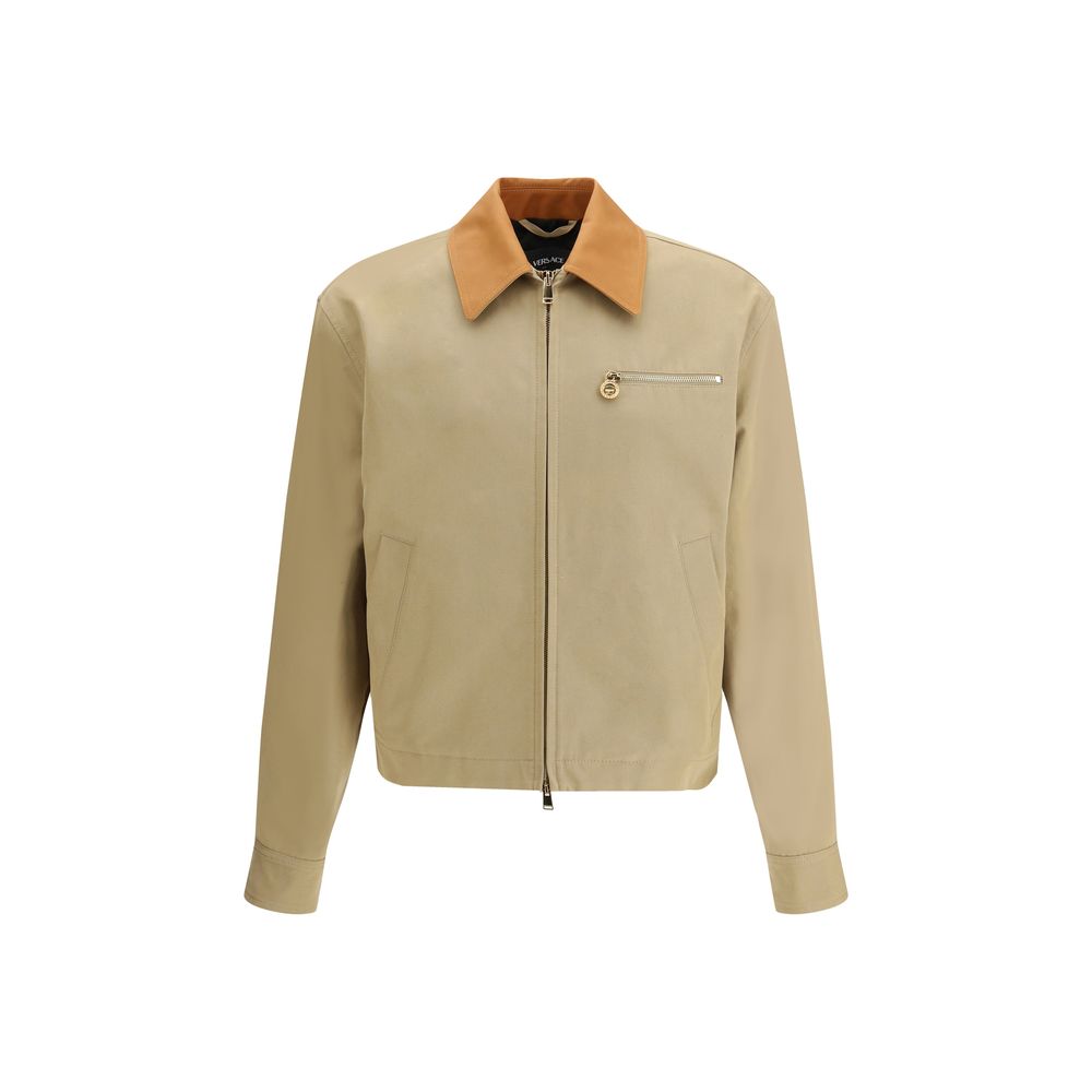 Versace Beige Cotton Clothing featuring a cappuccino jacket with leather collar and concealed zip, designed for understated sophistication.