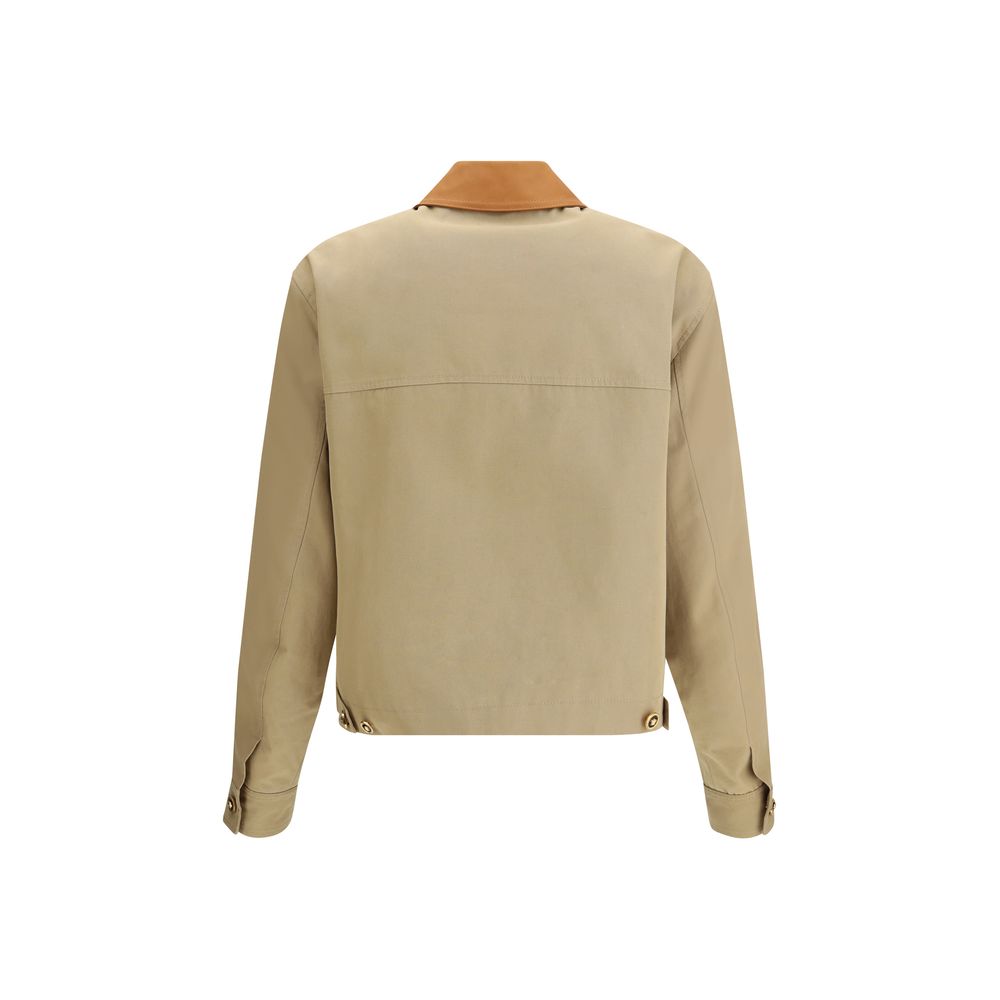 Versace Beige Cotton Clothing jacket with contrasting leather collar and minimalist design, featuring rear view with buttoned cuffs.