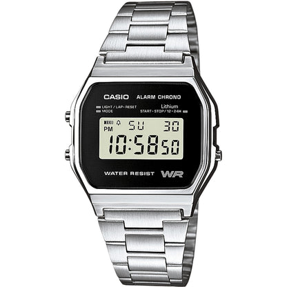 CASIO VINTAGE Mod. ICONIC - BLACK, unisex quartz wristwatch with metal strap and 33mm resin case, shown with multifunction display in official packaging.
