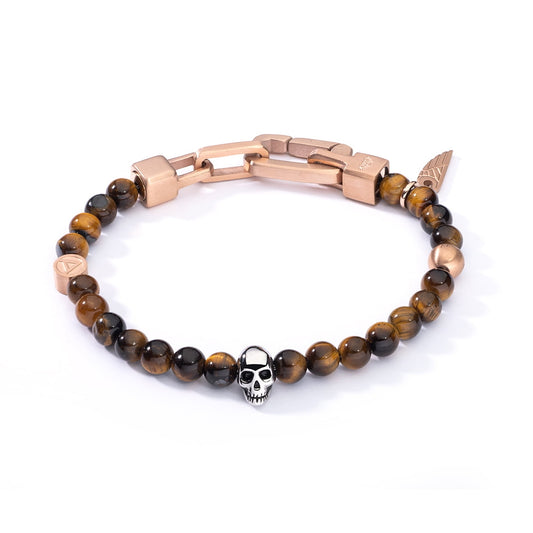 AN JEWELS JEWELRY Mod. AA.P255RBR skull bracelet with tiger eye beads and gold clasp
