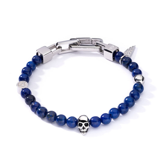 AN JEWELS JEWELRY Mod. AA.P255SBL blue bead bracelet with skull charm and clasp closure.