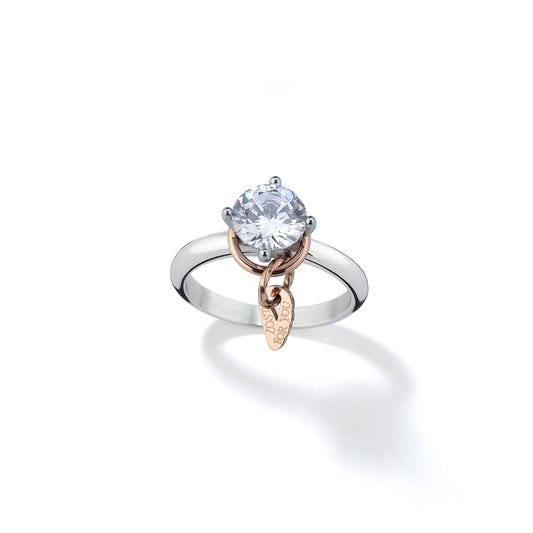 Elegant silver and rose gold ring with a round crystal, AN JEWELS JEWELRY Mod. AL.RLFY01-9, displayed on a white background.
