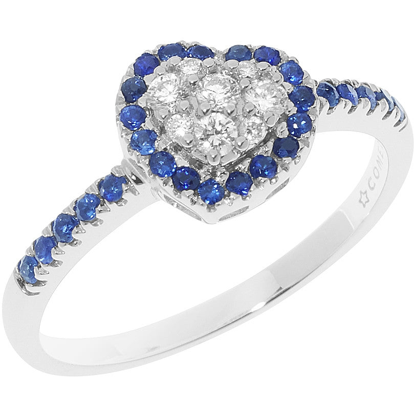 Heart-shaped diamond and sapphire ring, ANELLI COMETE MOD. ANB2588, featuring a white gold band with a sparkling design.