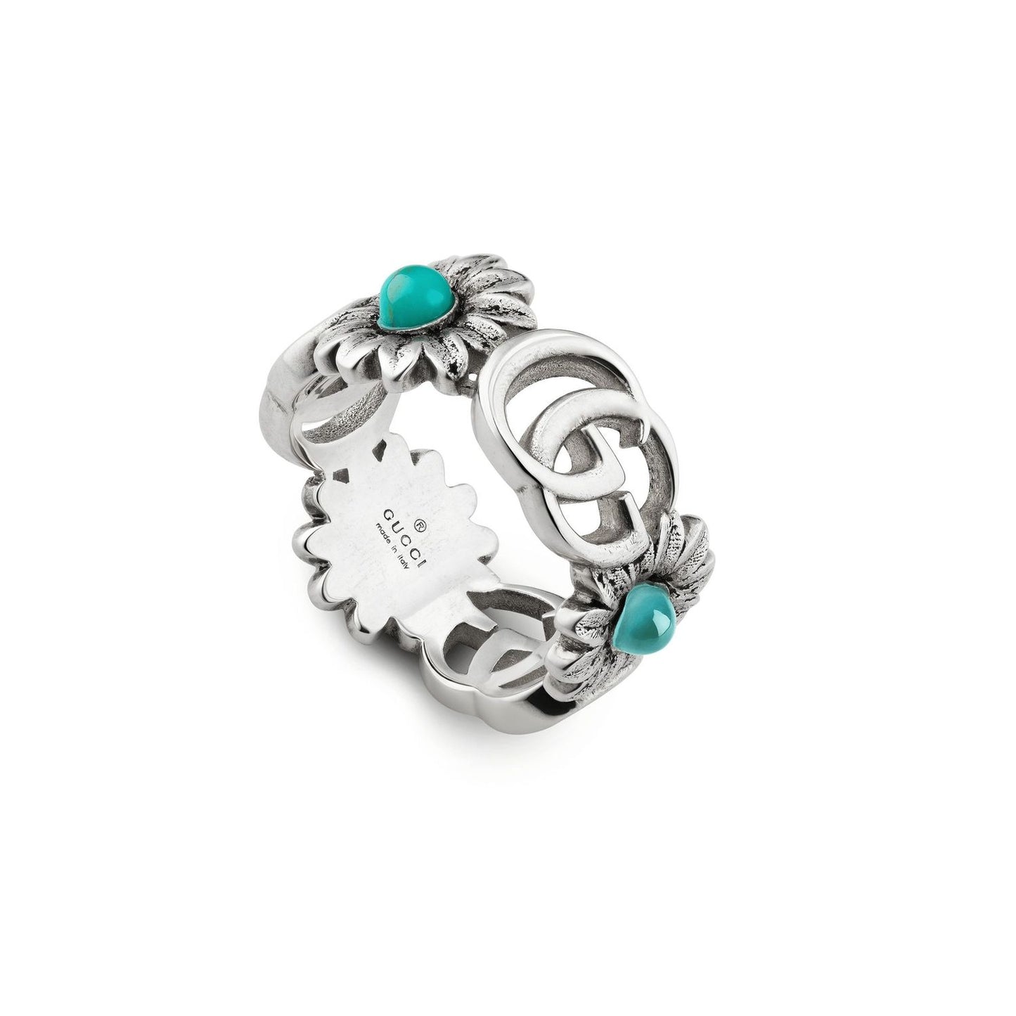ANELLI GUCCI MOD. YBC527394001 silver ring with turquoise stones and logo detailing, designer jewelry