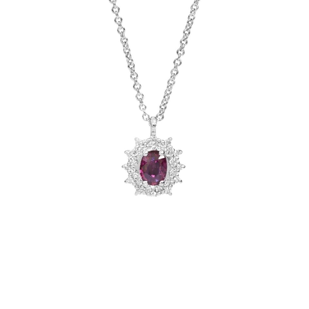 Elegant ruby pendant necklace with diamond halo on silver chain