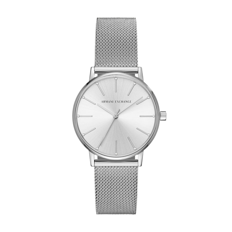 Alt Tag: ARMANI EXCHANGE MOD. AX5535 watch with a sleek silver design and mesh band