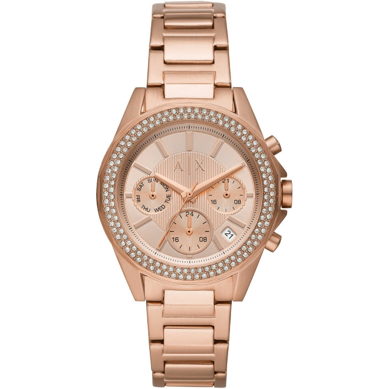 Rose gold ARMANI EXCHANGE MOD. AX5652 watch with crystal bezel and chronograph features.