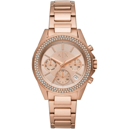 Rose gold ARMANI EXCHANGE MOD. AX5652 watch with crystal bezel and chronograph features.