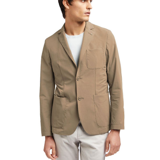 AT.P.CO Beige Polyamide Blazer with buttons, classic collar, and front pockets displayed on a model.