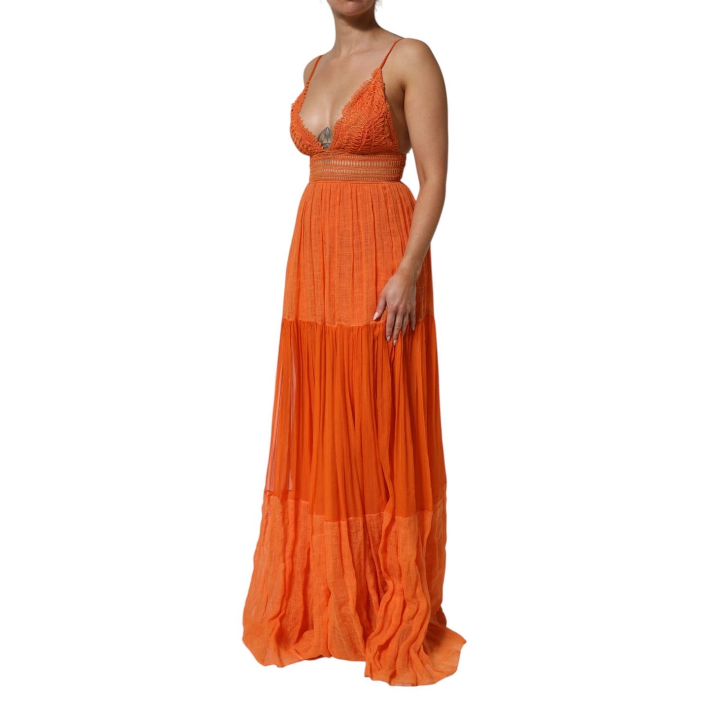 Alberta Ferretti Orange Lace Bustier Layered Maxi Dress with plunging neckline and flowing skirt, size S.