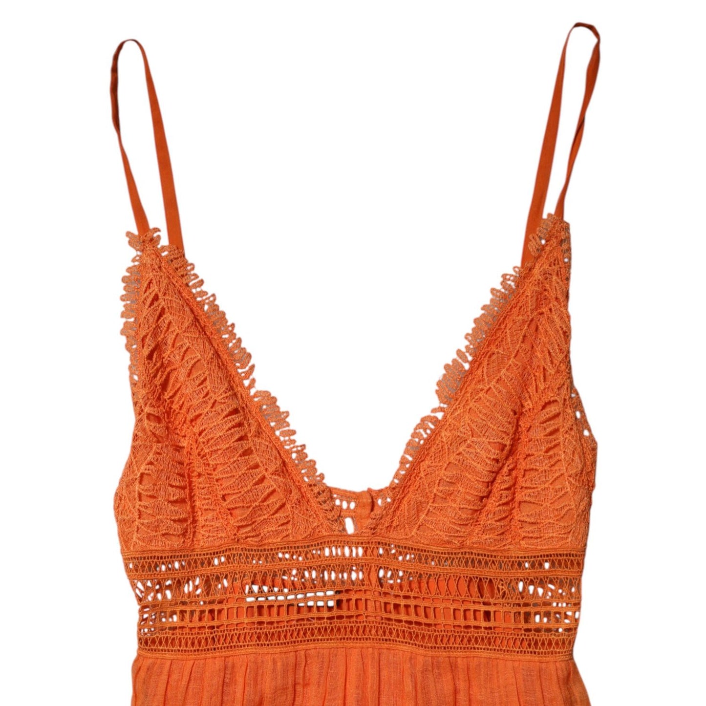 Alberta Ferretti Orange Lace Bustier Layered Maxi Dress with lace detailing and plunging neckline, showing top part with straps.
