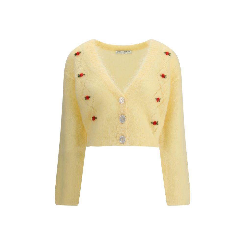 Alessandra Rich Yellow Mohair Cardigan with floral embroidery, V-neckline, and button closure. Retro-inspired design for AW25 season.