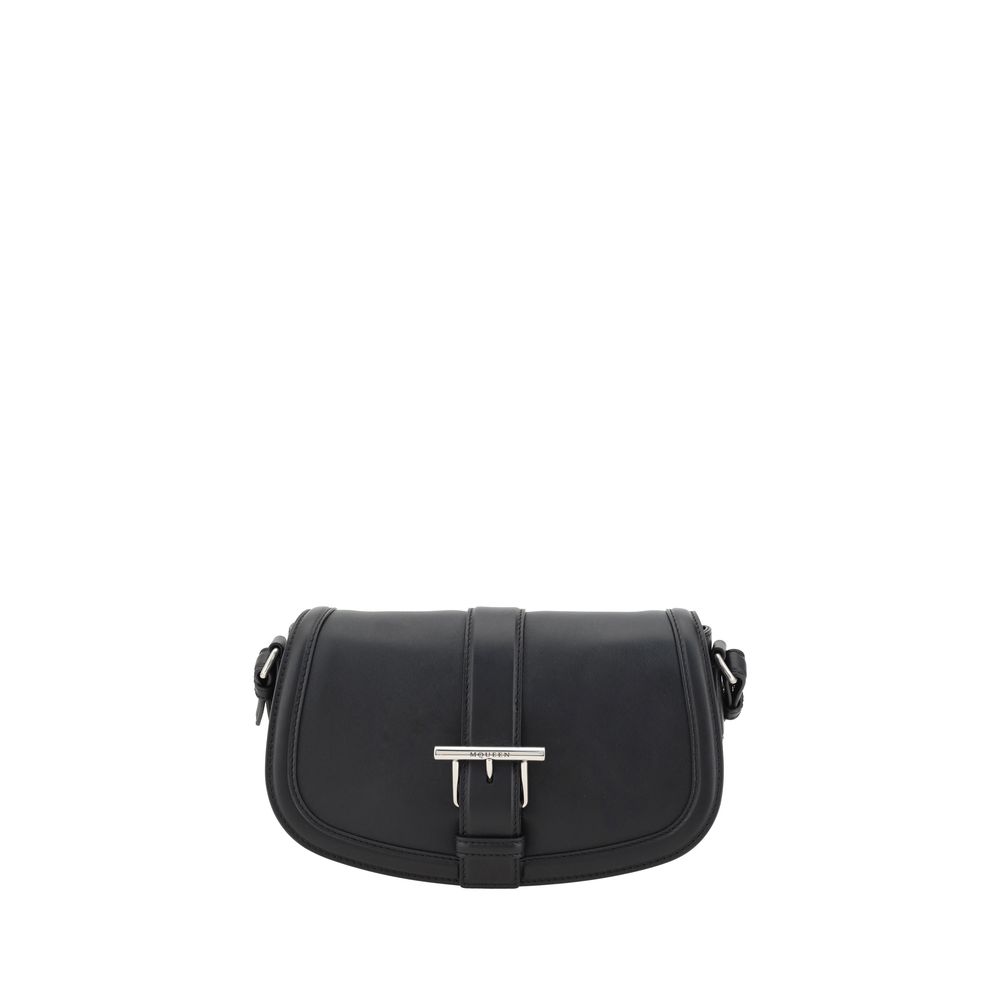 Alexander McQueen Black Calf Leather Bos Taurus Shoulder Bag with T-bar design, featuring flat handle and magnetic flap closure.