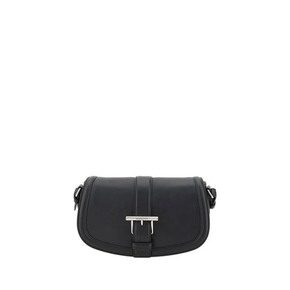 Alexander McQueen Black Calf Leather Bos Taurus Shoulder Bag with T-bar design, featuring flat handle and magnetic flap closure.