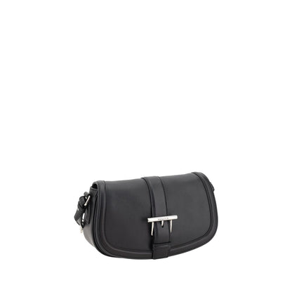Alexander McQueen Black Calf Leather Bos Taurus Shoulder Bag with T-bar closure and buckle detail, elegant and functional design.