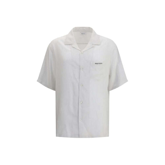 Alt Tag: Alexander McQueen White Viscose Pattern Shirt with button closure and chest pocket, showcasing elegance and Hawaiian-inspired design.