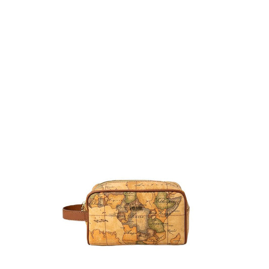 Alviero Martini Prima Classe Beige Cotton Clutch Bag with geographic print and eco-leather accents, stylish and durable accessory.