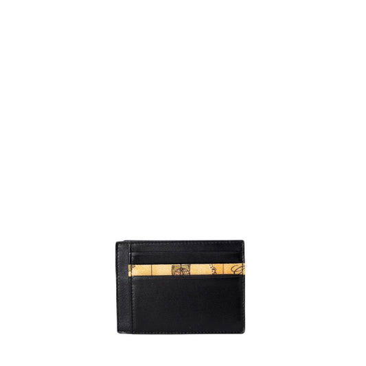 Alviero Martini Prima Classe Black Leather Cardholder with durable blend material and iconic geographic design for men.
