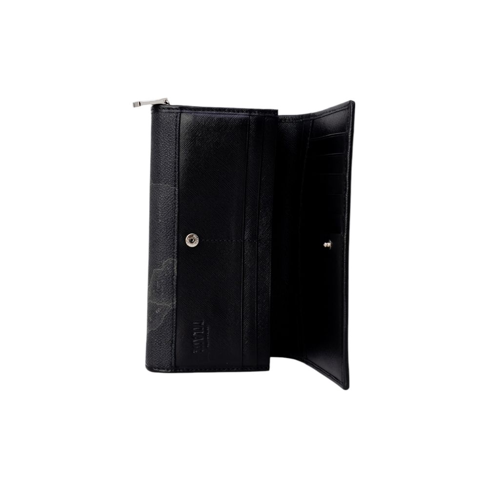 Open view of Alviero Martini Prima Classe Black Leather Wallet showing interior compartments.