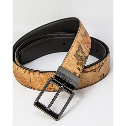 Alviero Martini Prima Classe Brown Leather Regular Belt with map design on leather background.