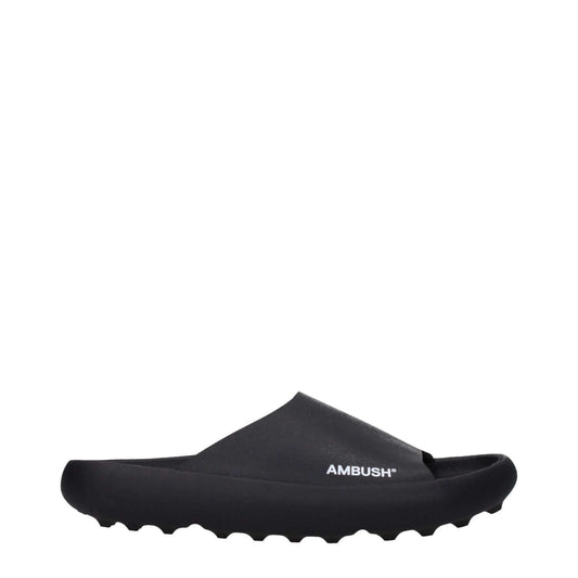 Ambush Black Cotton Slippers with side logo, open toe design, and rubber sole, MPN BMIC005MAT0011001, perfect for street style.