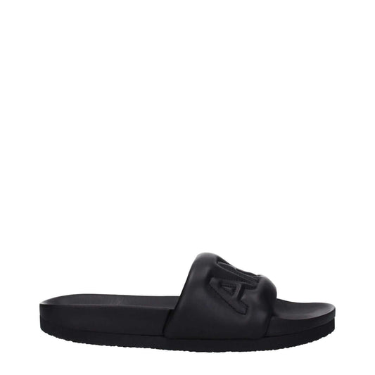 Ambush Black Leather Slippers with open toe and rubber sole featuring front logo in side profile view.