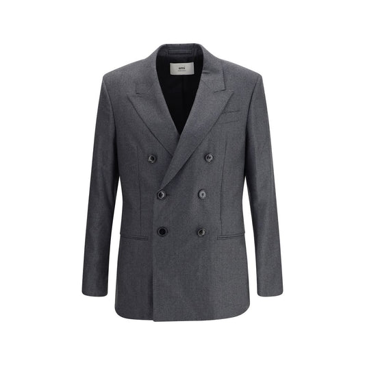Ami Paris Gray Fleece Wool Blazer, double-breasted with classic lapels, made from anthracite virgin wool for formal and business outfits.