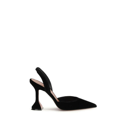 Amina Muaddi Black Rubber High Heel Pumps with velvet finish and sculpted heel, pointed toe, and slingback strap, Autumn/Winter collection.