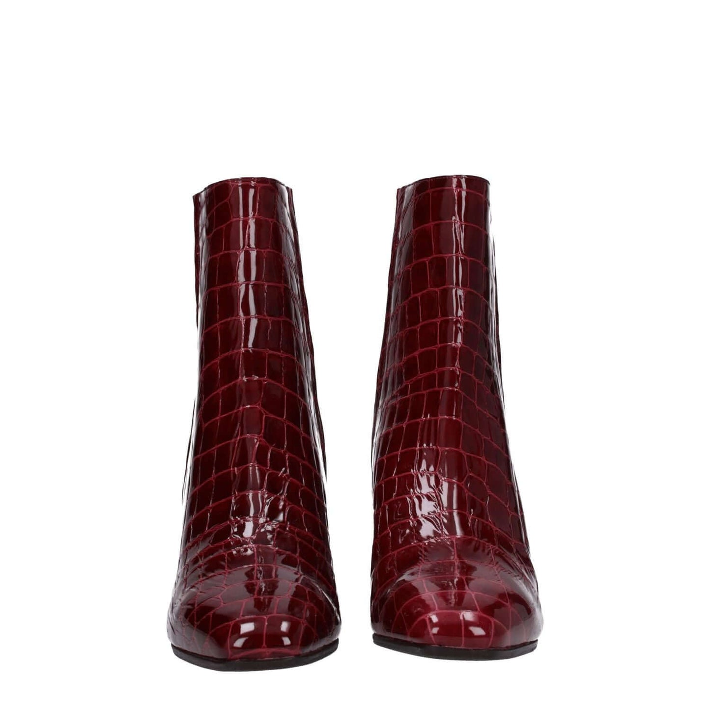 Aquazzura Red Leather Ankle Boots with crocodile print, mid heels, square toe, zip closure, and aubergine accents.