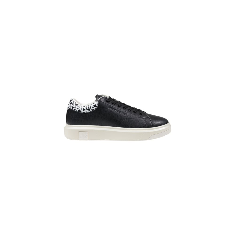 Armani Exchange Black And White Leather Low Top Sneakers with contrasting logo heel and sturdy sole.