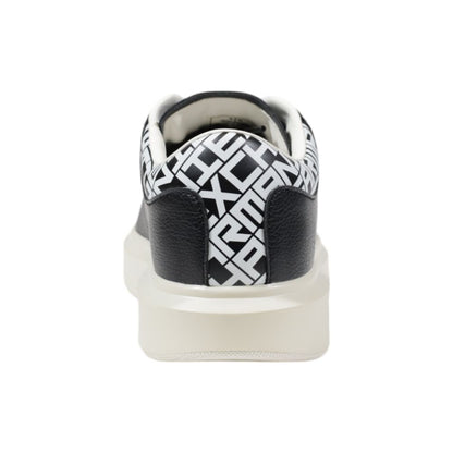 Back view of Armani Exchange Black And White Leather Low Top Sneakers with logo detail on heel
