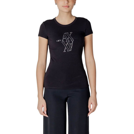Woman wearing Armani Exchange Black Cotton T-Shirt with logo, ideal for casual-chic style, made of 100% cotton, short sleeves. Model 8NYT83 YJ16Z.