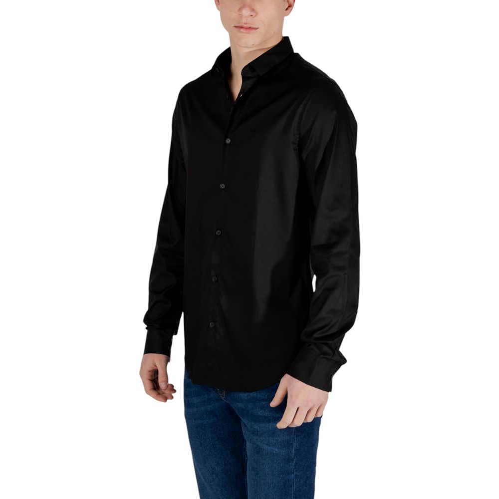 Armani Exchange Black Lyocell Shirt for men with long sleeves, classic collar, buttoned cuffs, crafted from comfortable fabric blend.