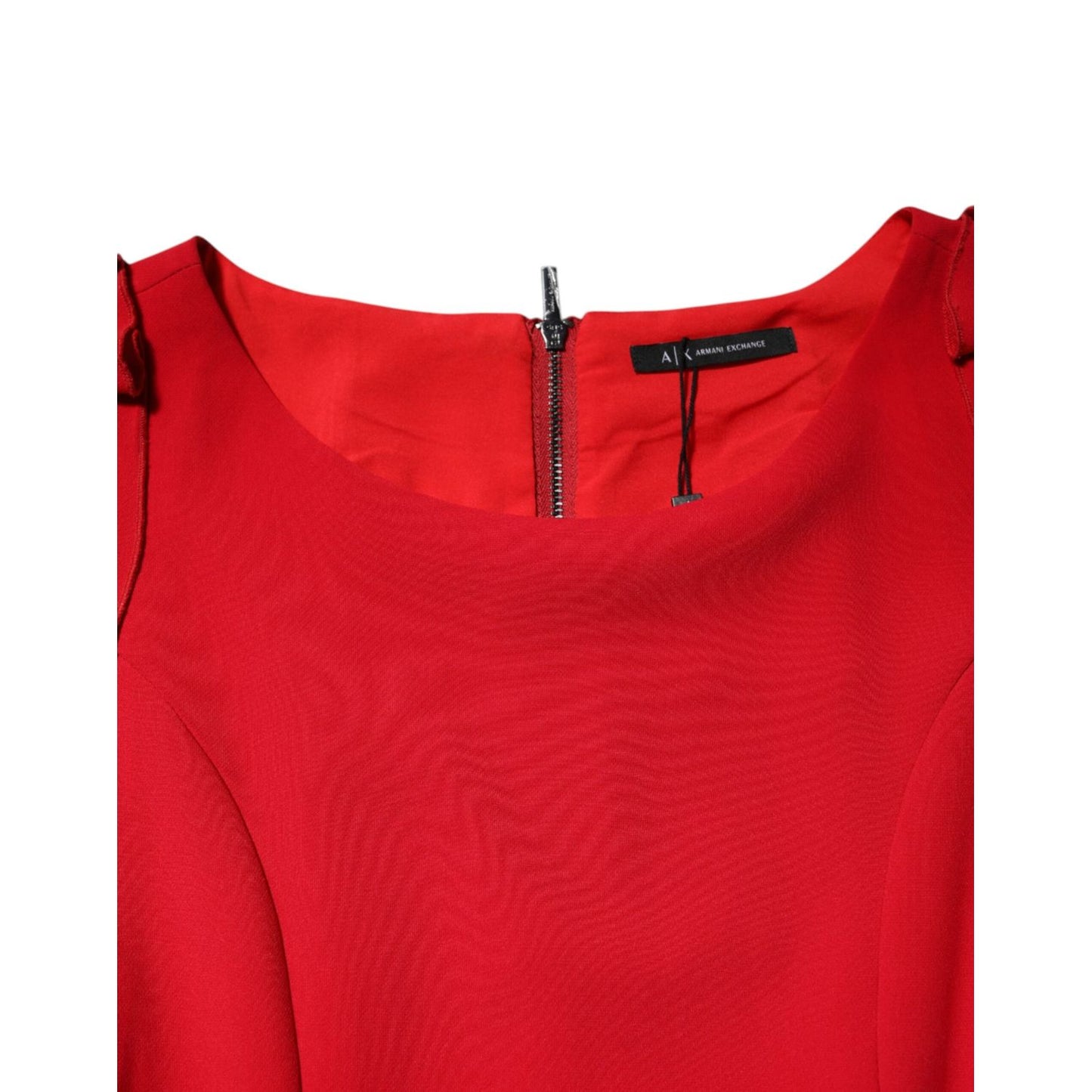 Armani Exchange Red Above Knee Long Sleeves Sheath Dress with zipper closure and logo details.