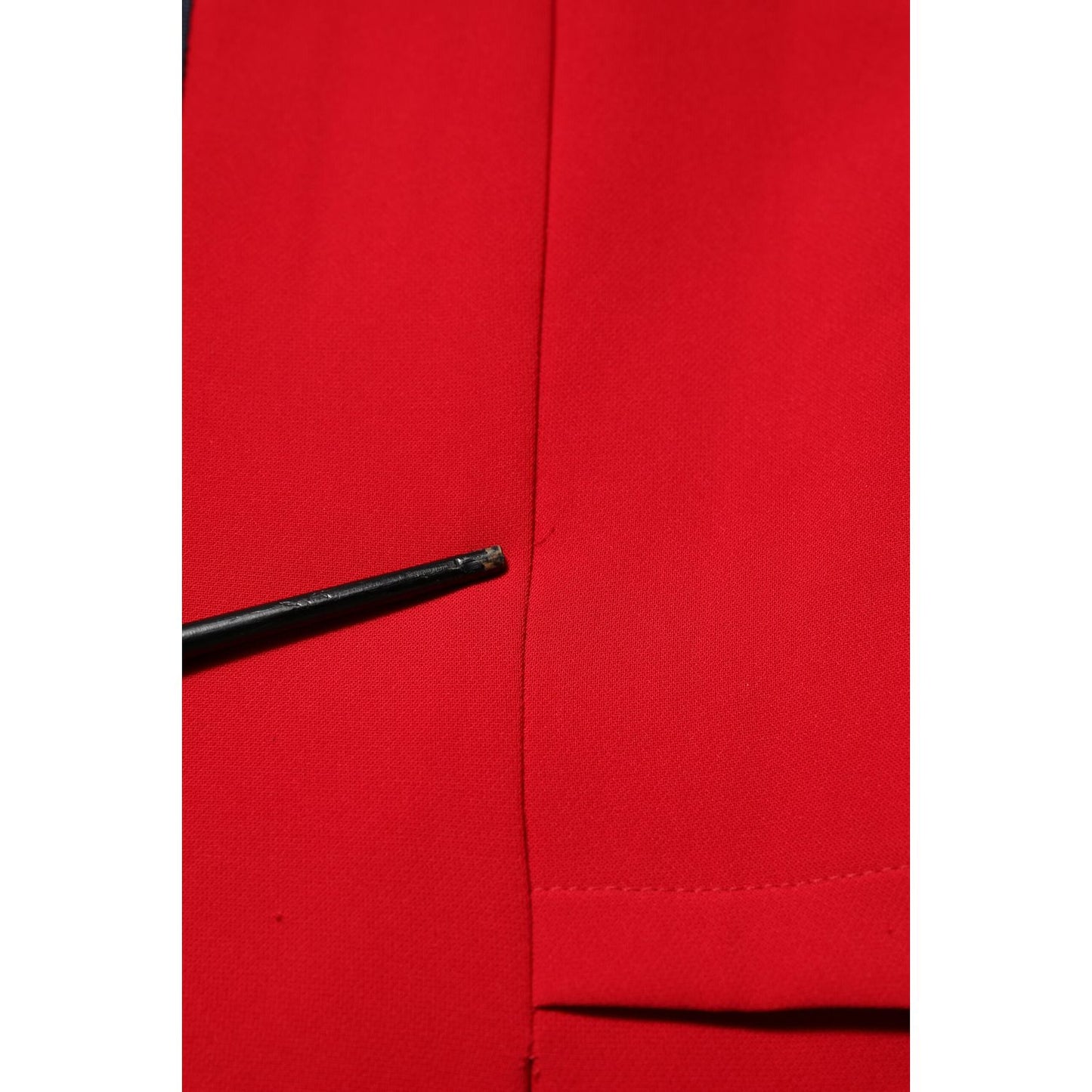 Close-up of defect on Armani Exchange Red Above Knee Long Sleeves Sheath Dress with visible pulled threads and holes.